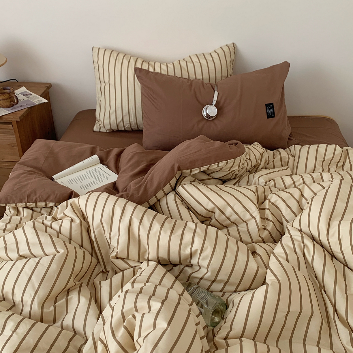 91家纺网 家纺一手货源 找家纺 桃喜 2026新款全棉条纹13070系列四件套 栗子棕条（全棉）