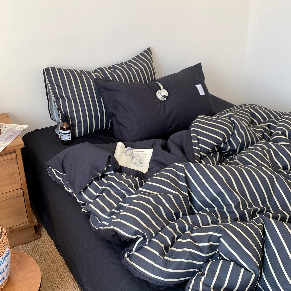 91家纺网 家纺一手货源 找家纺 桃喜 2026新款全棉条纹13070系列四件套 黑白条纹（全棉）