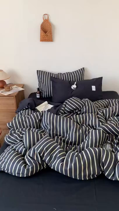 91家纺网 家纺一手货源 找家纺 桃喜 2026新款全棉条纹13070系列四件套 黑白条纹（全棉）