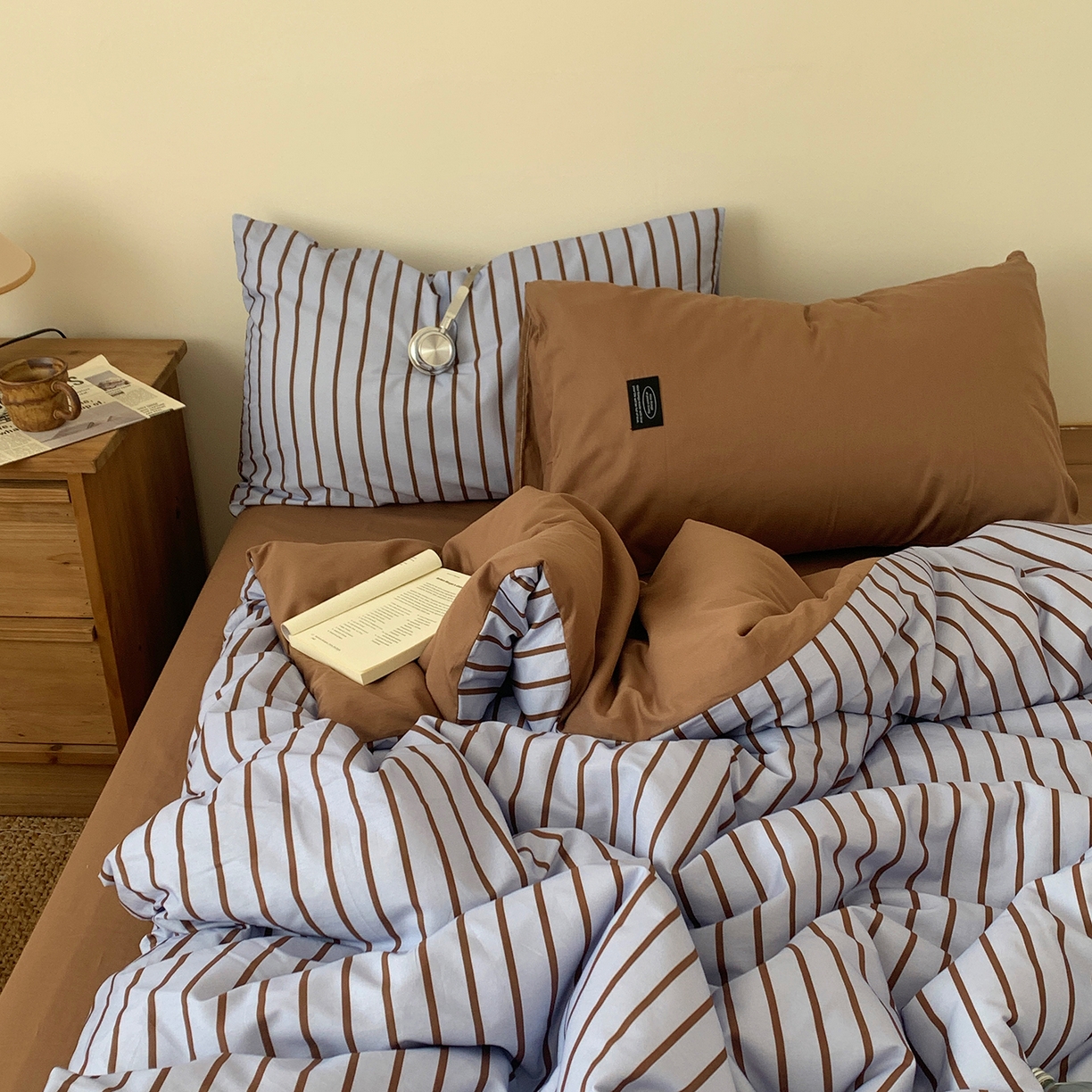 91家纺网 家纺一手货源 找家纺 桃喜 2026新款全棉条纹13070系列四件套 蓝咖条纹（全棉）