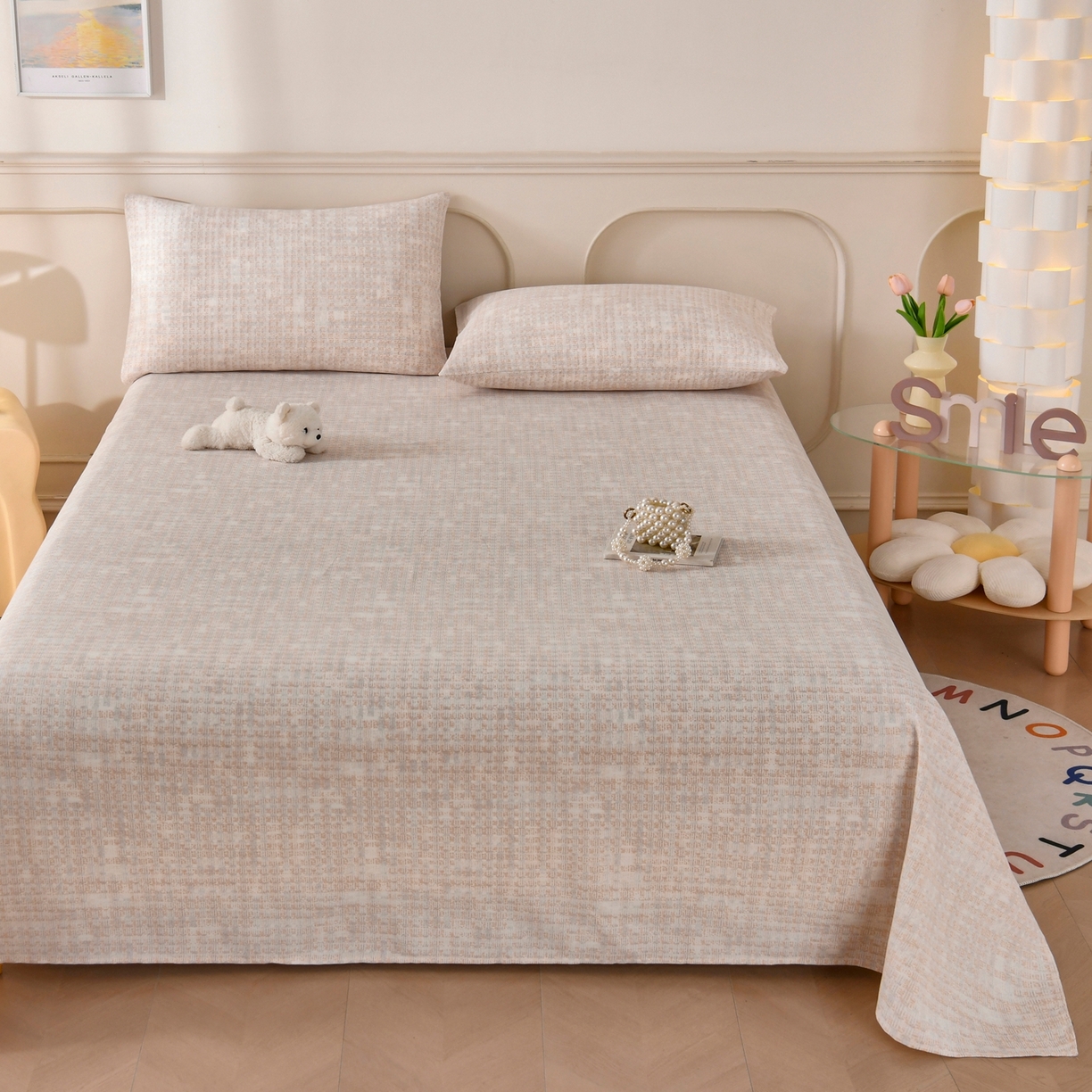 91家纺网 家纺一手货源 找家纺 悠米悠家 2026新款工艺款印花老粗布床单单品床单床单单件凉席席子 浅咖肌理格