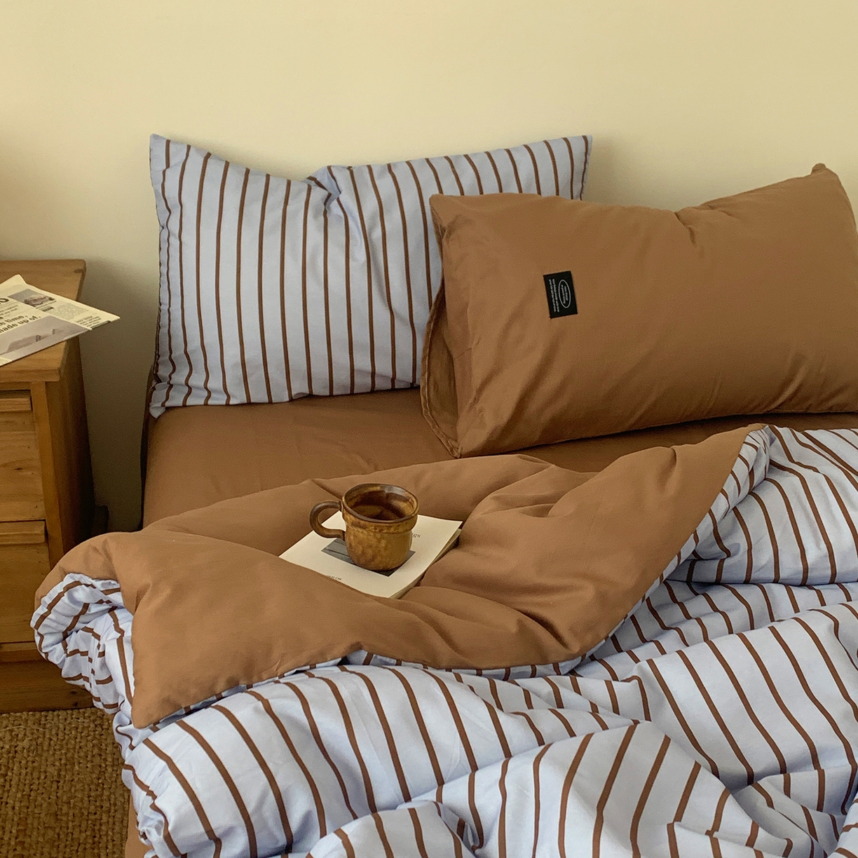 91家纺网 家纺一手货源 找家纺 桃喜 2026新款全棉条纹13070系列四件套 蓝咖条纹（全棉）