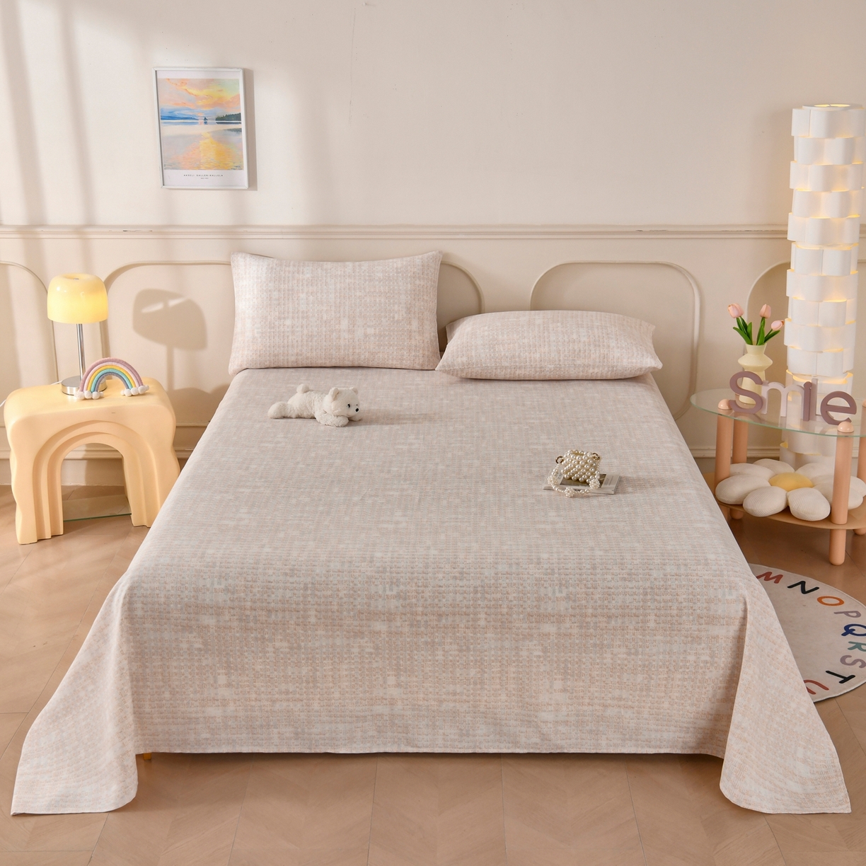 91家纺网 家纺一手货源 找家纺 悠米悠家 2026新款工艺款印花老粗布床单单品床单床单单件凉席席子 浅咖肌理格