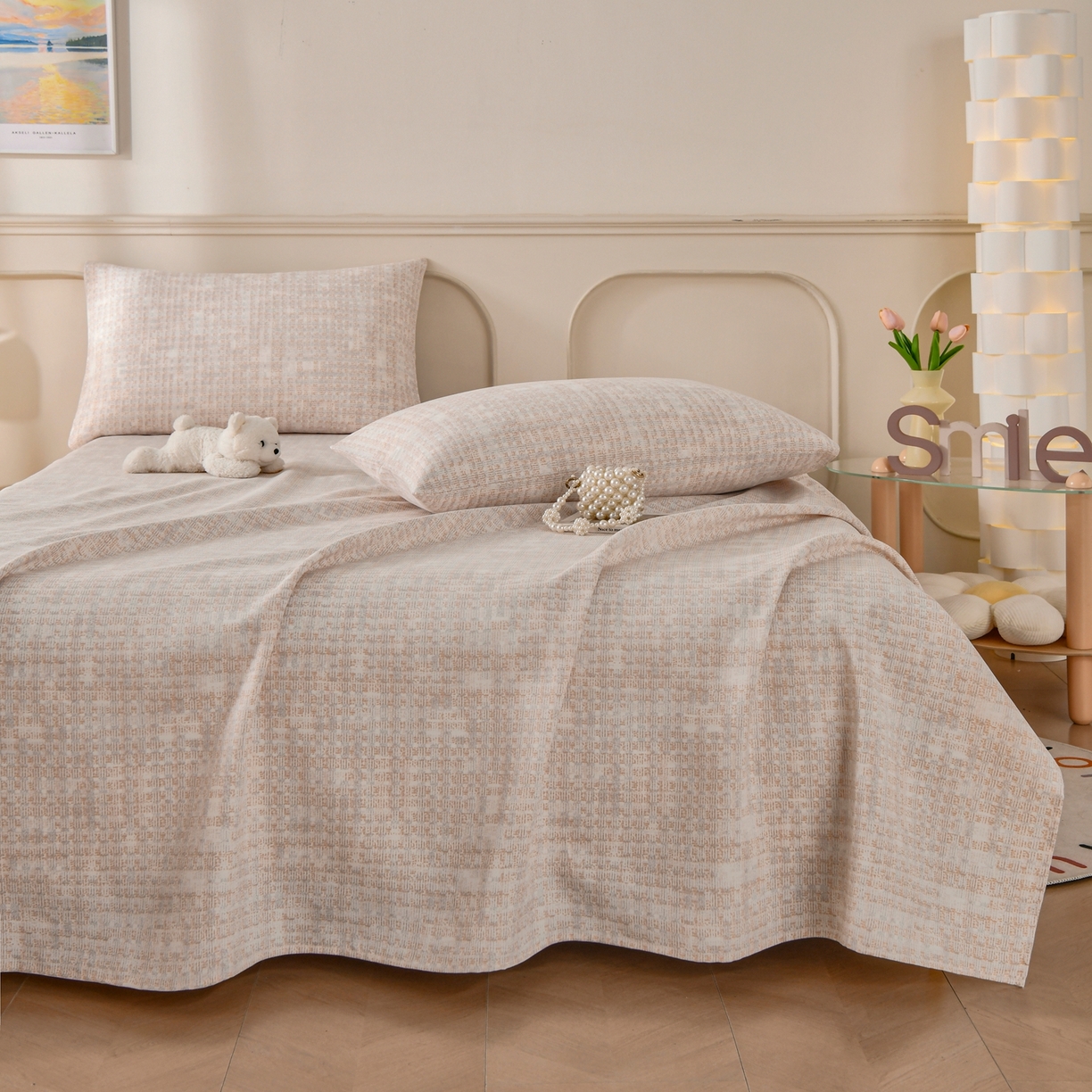 91家纺网 家纺一手货源 找家纺 悠米悠家 2026新款工艺款印花老粗布床单单品床单床单单件凉席席子 浅咖肌理格