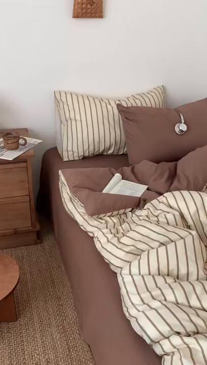 91家纺网 家纺一手货源 找家纺 桃喜 2026新款全棉条纹13070系列四件套 栗子棕条（全棉）