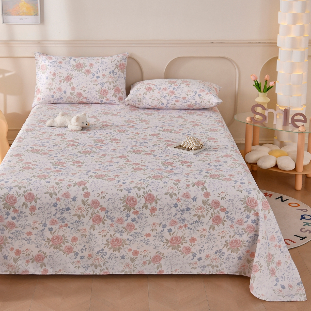 91家纺网 家纺一手货源 找家纺 悠米悠家 2026新款工艺款印花老粗布床单单品床单床单单件凉席席子 烟粉花境织