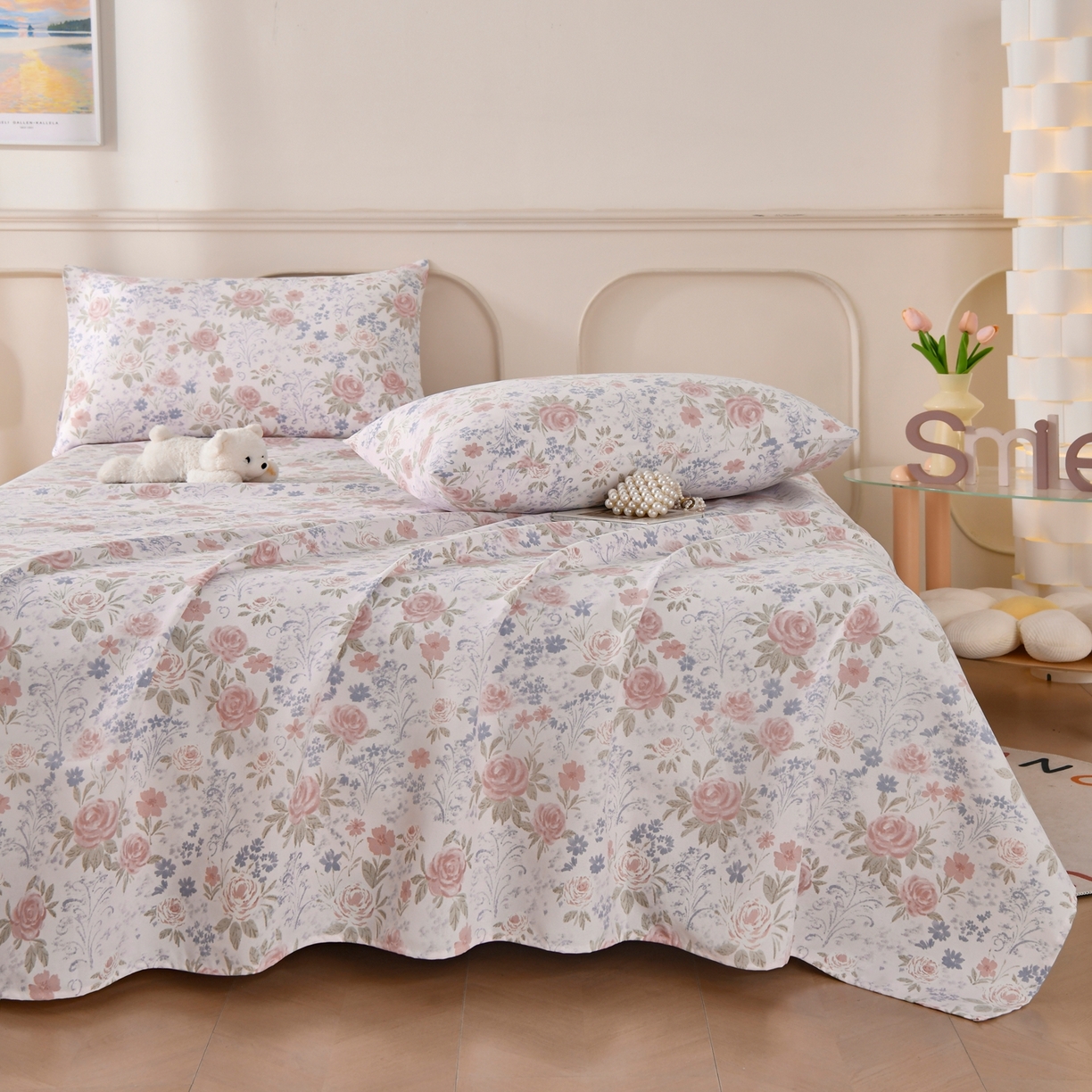 91家纺网 家纺一手货源 找家纺 悠米悠家 2026新款工艺款印花老粗布床单单品床单床单单件凉席席子 烟粉花境织