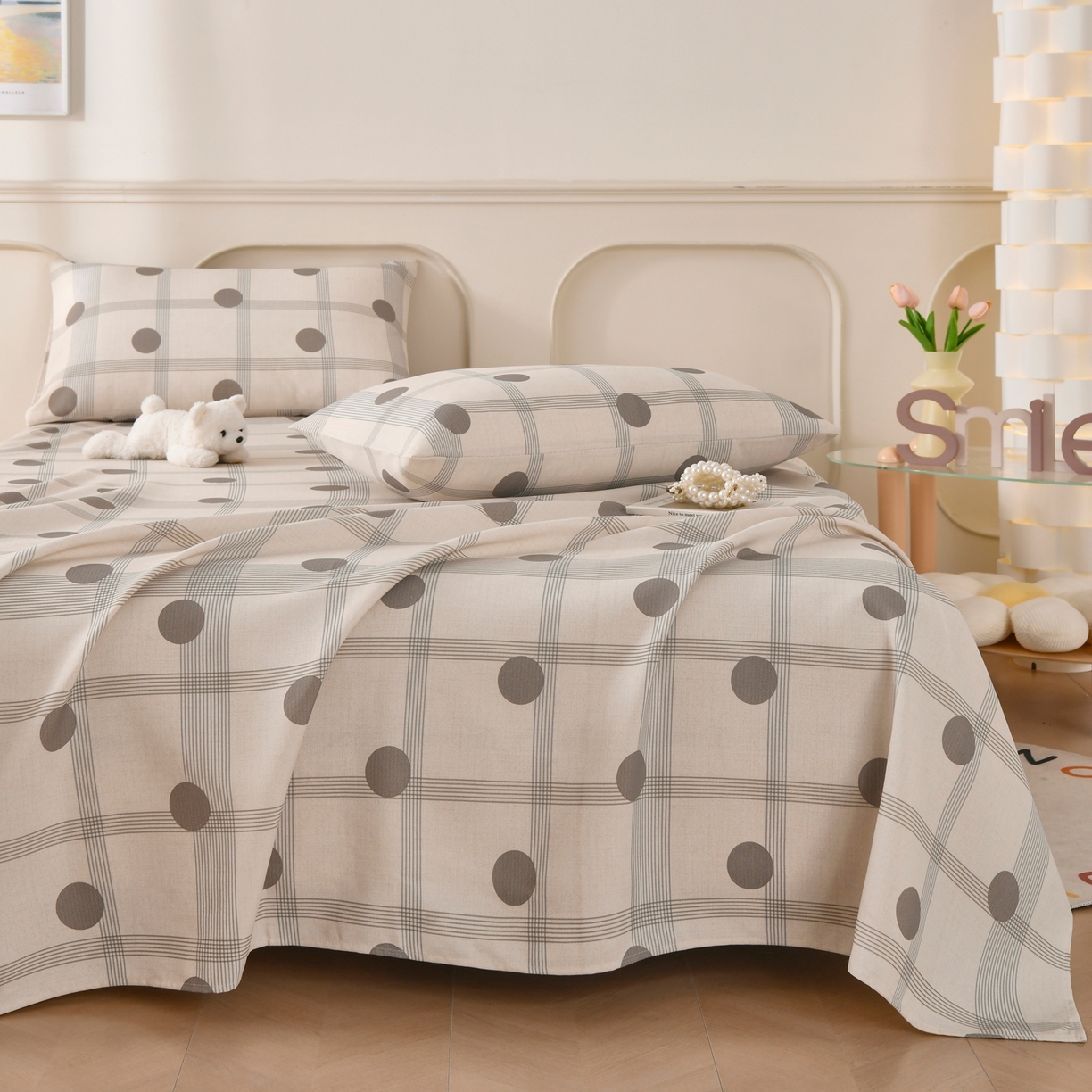 91家纺网 家纺一手货源 找家纺 悠米悠家 2026新款工艺款印花老粗布床单单品床单床单单件凉席席子 灰调波点格