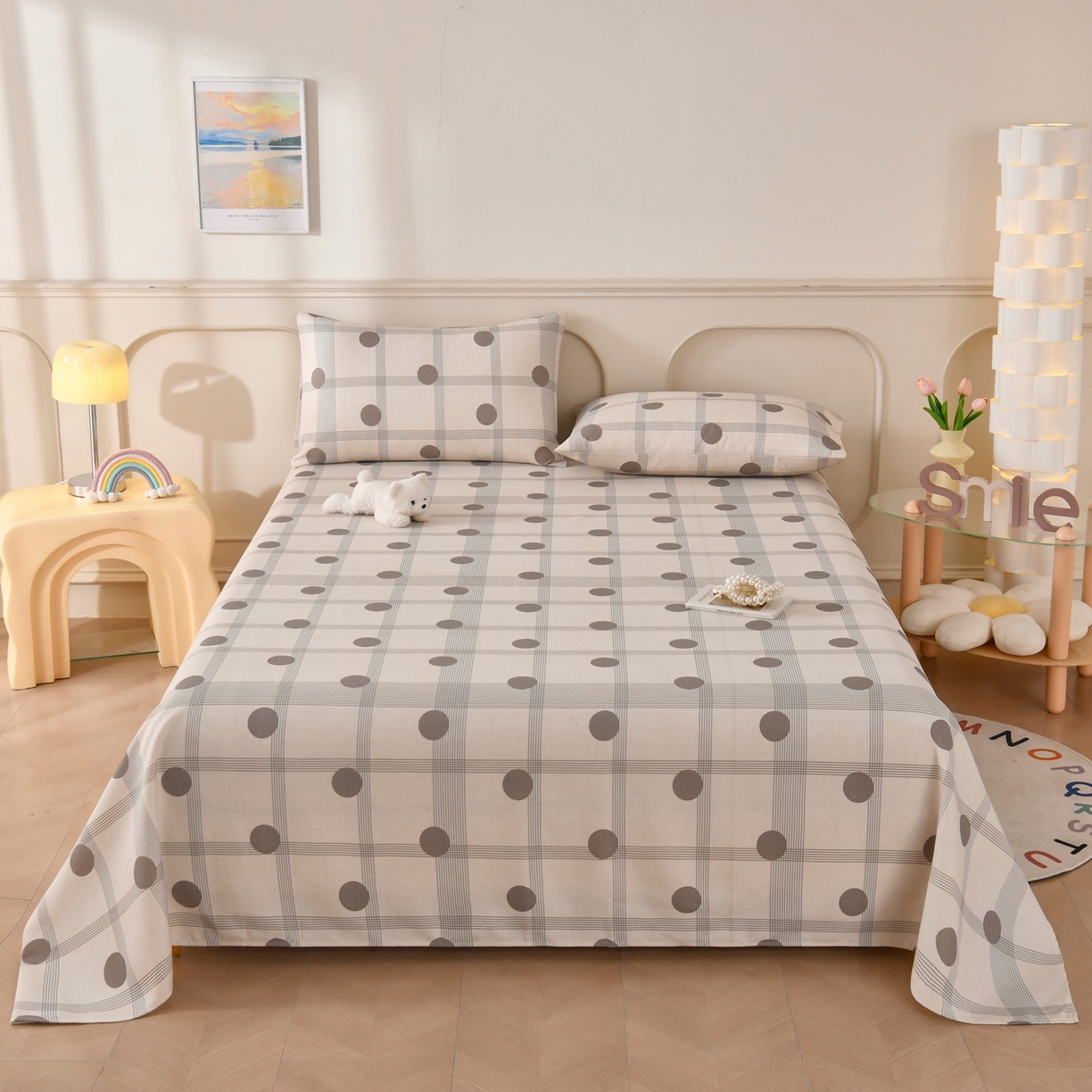 91家纺网 家纺一手货源 找家纺 悠米悠家 2026新款工艺款印花老粗布床单单品床单床单单件凉席席子 灰调波点格