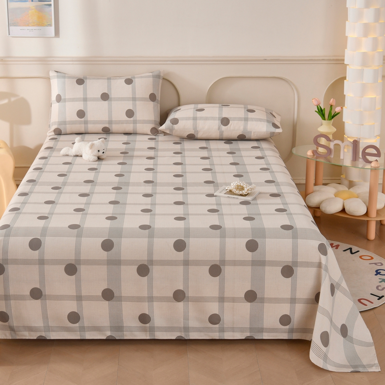 91家纺网 家纺一手货源 找家纺 悠米悠家 2026新款工艺款印花老粗布床单单品床单床单单件凉席席子 灰调波点格