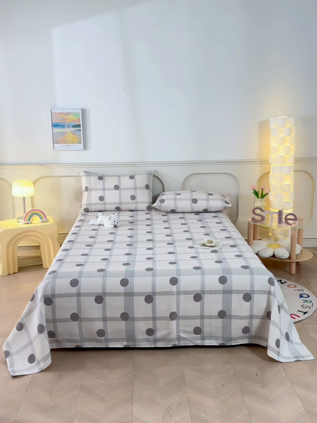 91家纺网 家纺一手货源 找家纺 悠米悠家 2026新款工艺款印花老粗布床单单品床单床单单件凉席席子 灰调波点格