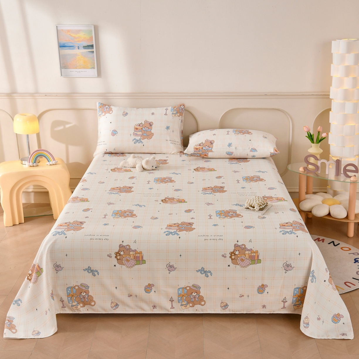 91家纺网 家纺一手货源 找家纺 悠米悠家 2026新款工艺款印花老粗布床单单品床单床单单件凉席席子 奶黄蛋糕熊