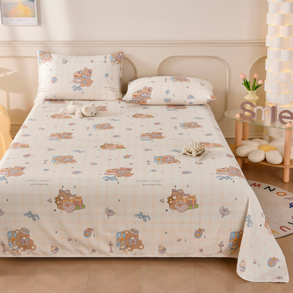 91家纺网 家纺一手货源 找家纺 悠米悠家 2026新款工艺款印花老粗布床单单品床单床单单件凉席席子 奶黄蛋糕熊