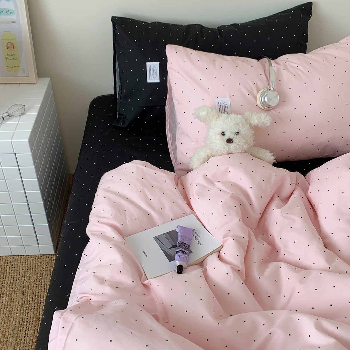 91家纺网 家纺一手货源 找家纺 桃喜 2026新款全棉水洗棉ins博主风四件套 黑粉波点