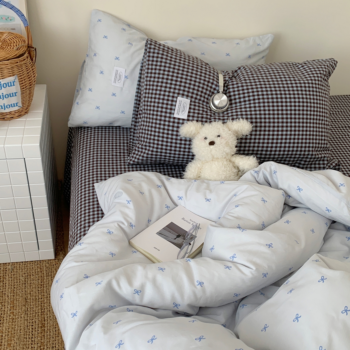 91家纺网 家纺一手货源 找家纺 桃喜 2026新款全棉水洗棉ins博主风四件套 雾蓝蝴蝶结