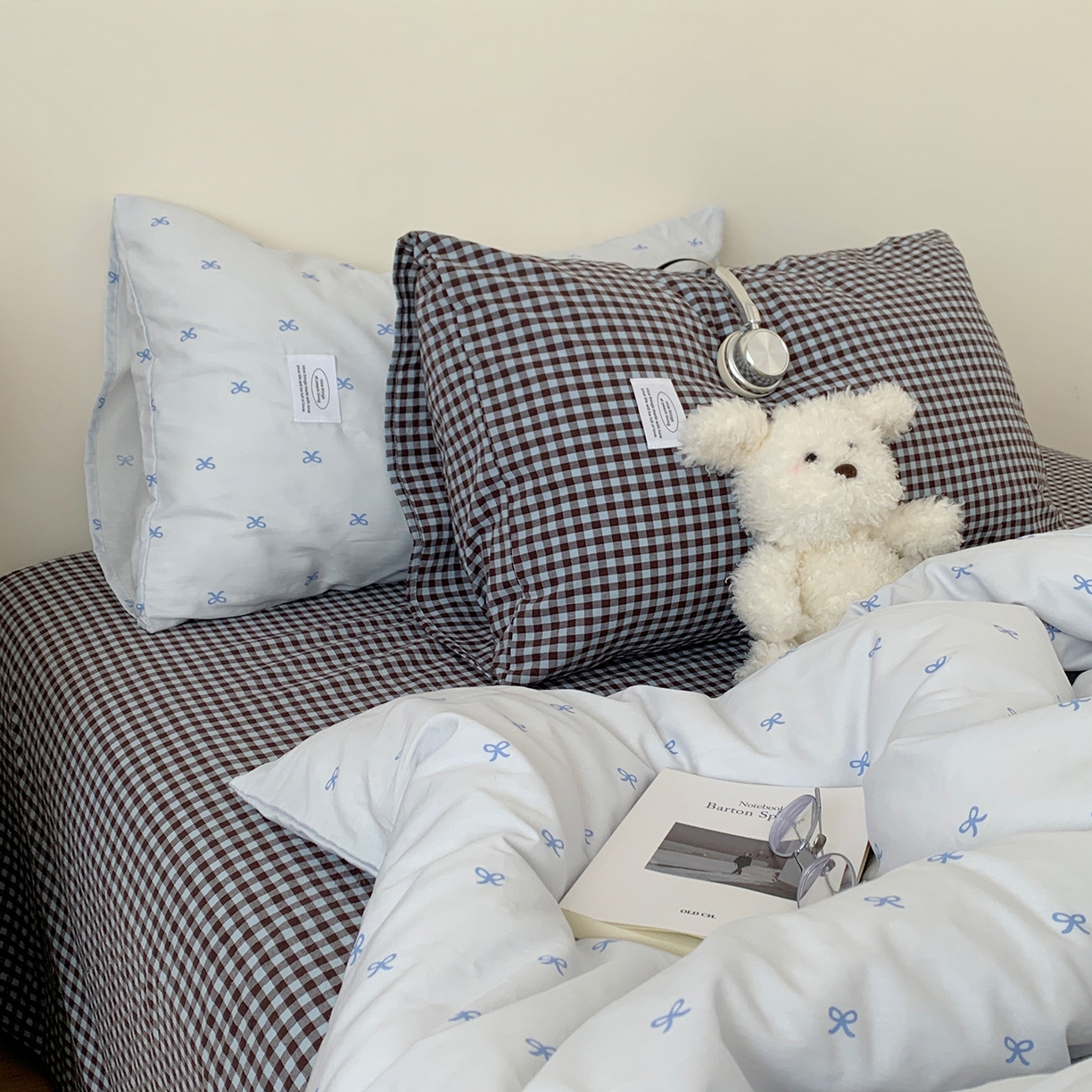 91家纺网 家纺一手货源 找家纺 桃喜 2026新款全棉水洗棉ins博主风四件套 雾蓝蝴蝶结