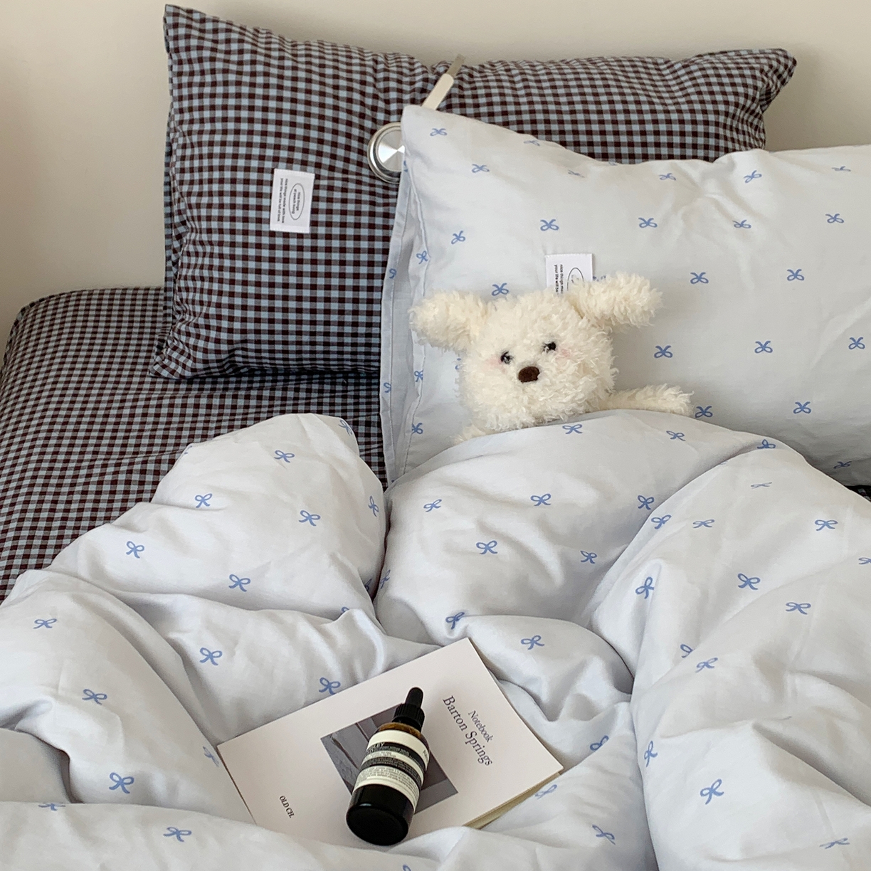 91家纺网 家纺一手货源 找家纺 桃喜 2026新款全棉水洗棉ins博主风四件套 雾蓝蝴蝶结