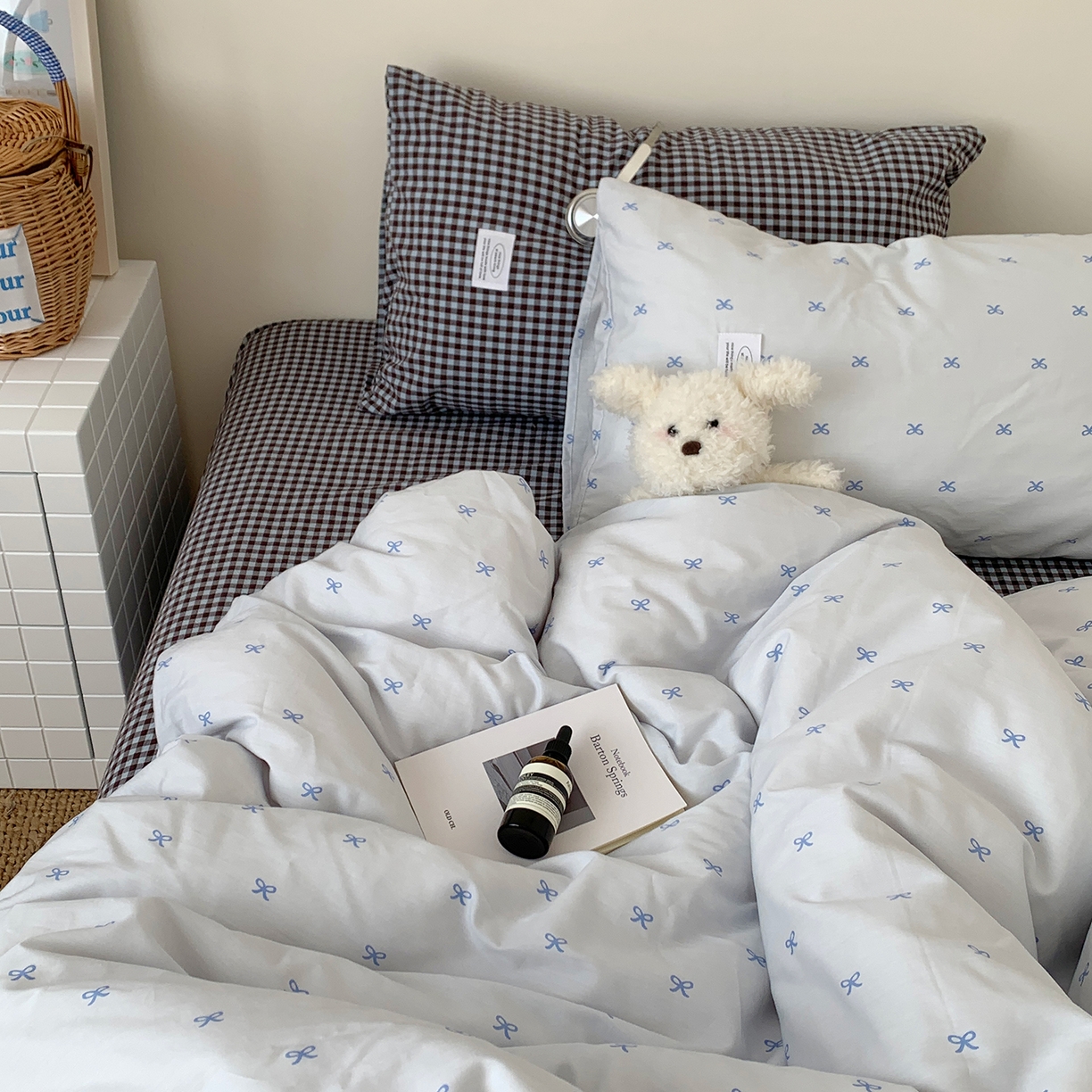 91家纺网 家纺一手货源 找家纺 桃喜 2026新款全棉水洗棉ins博主风四件套 雾蓝蝴蝶结