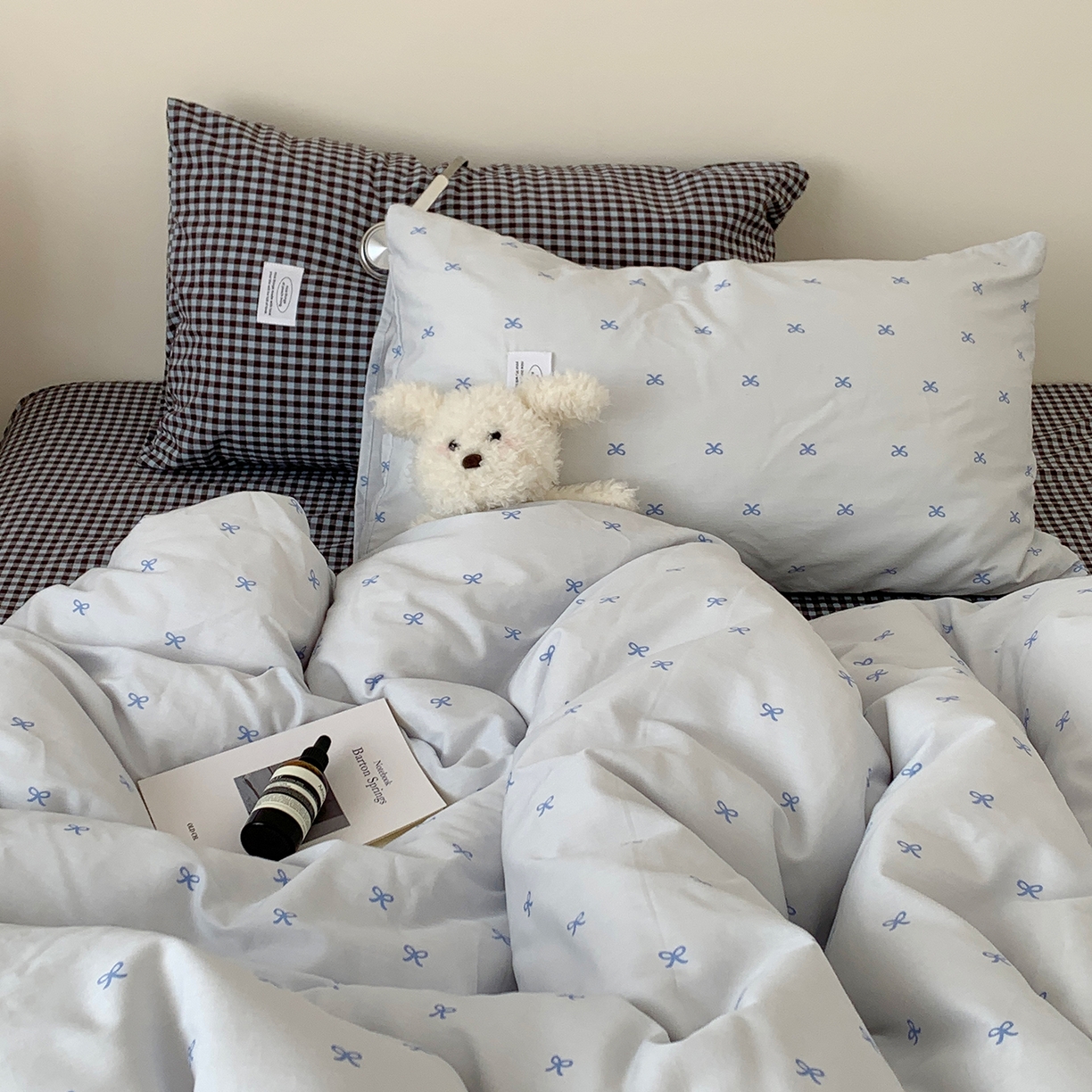 91家纺网 家纺一手货源 找家纺 桃喜 2026新款全棉水洗棉ins博主风四件套 雾蓝蝴蝶结