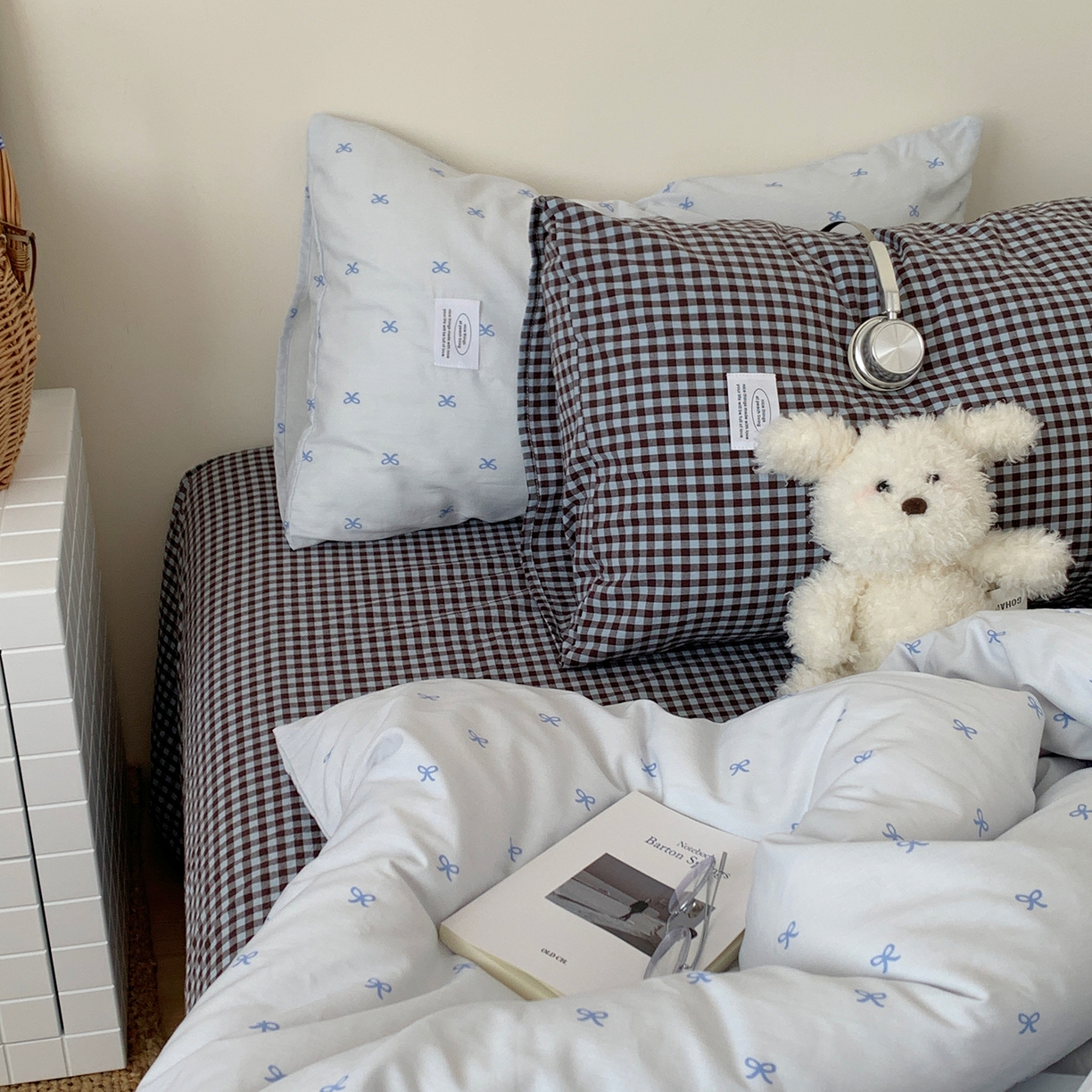 91家纺网 家纺一手货源 找家纺 桃喜 2026新款全棉水洗棉ins博主风四件套 雾蓝蝴蝶结