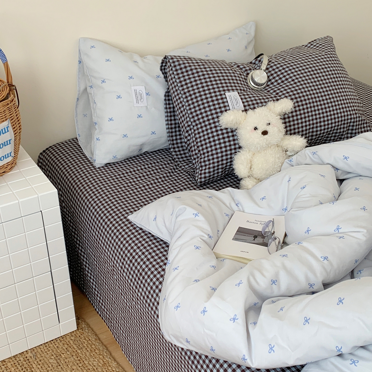 91家纺网 家纺一手货源 找家纺 桃喜 2026新款全棉水洗棉ins博主风四件套 雾蓝蝴蝶结