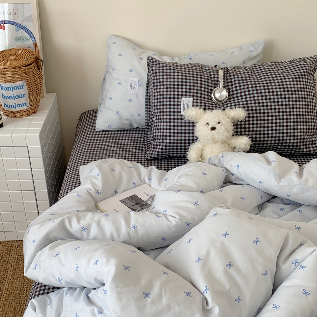 91家纺网 家纺一手货源 找家纺 桃喜 2026新款全棉水洗棉ins博主风四件套 雾蓝蝴蝶结