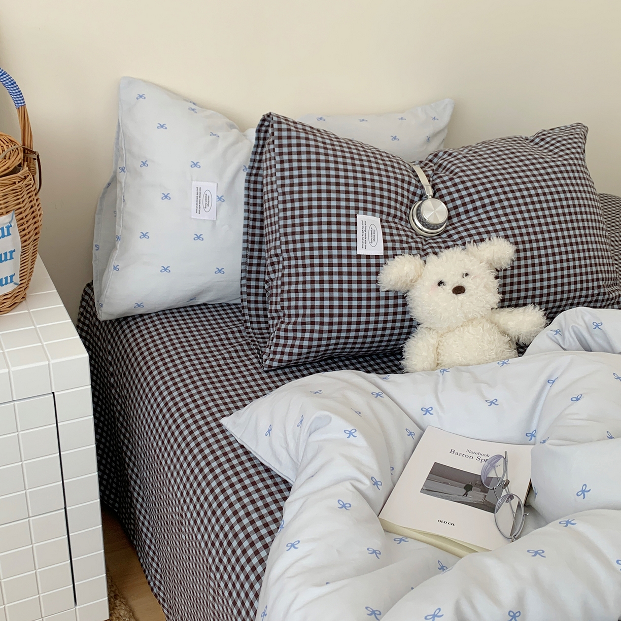 91家纺网 家纺一手货源 找家纺 桃喜 2026新款全棉水洗棉ins博主风四件套 雾蓝蝴蝶结