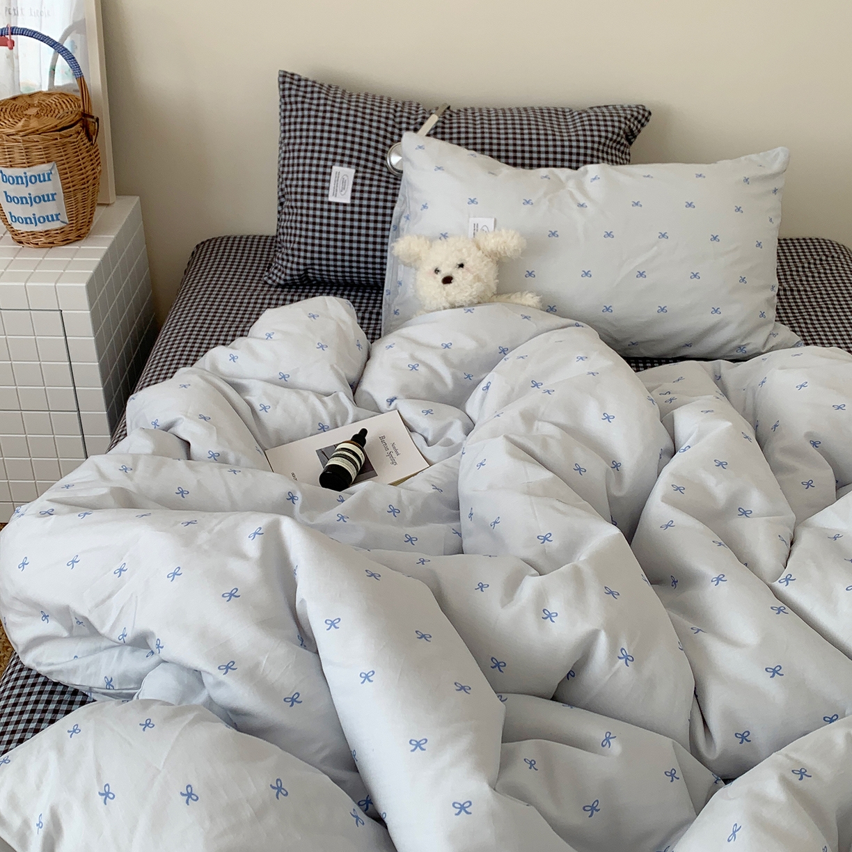 91家纺网 家纺一手货源 找家纺 桃喜 2026新款全棉水洗棉ins博主风四件套 雾蓝蝴蝶结