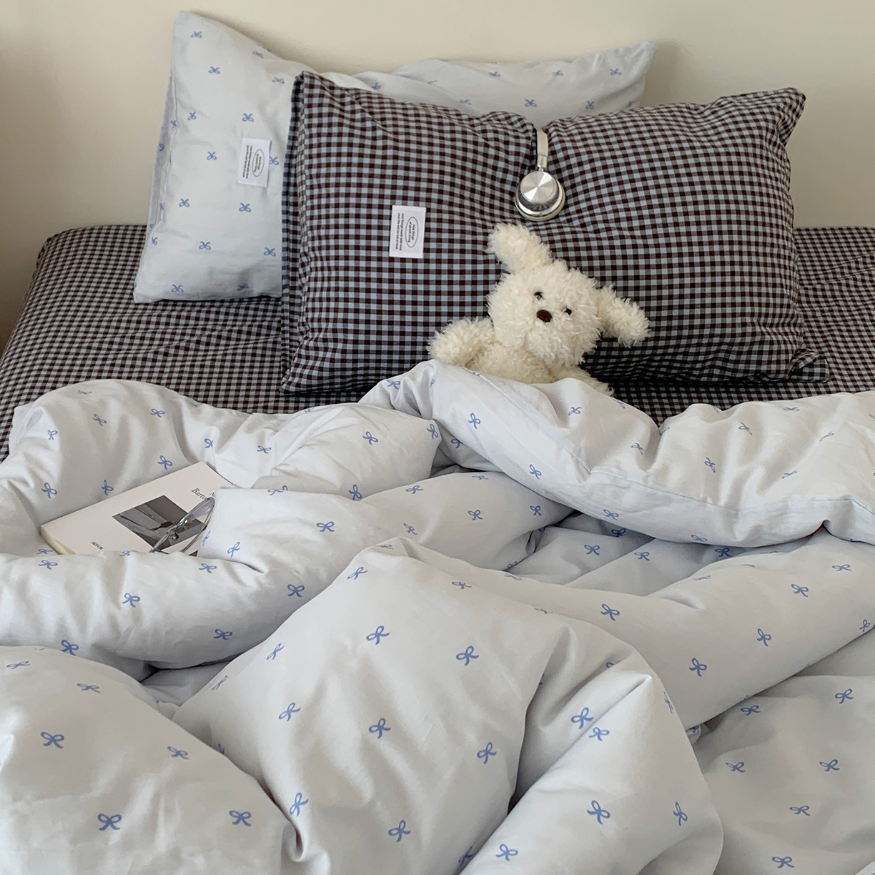 91家纺网 家纺一手货源 找家纺 桃喜 2026新款全棉水洗棉ins博主风四件套 雾蓝蝴蝶结