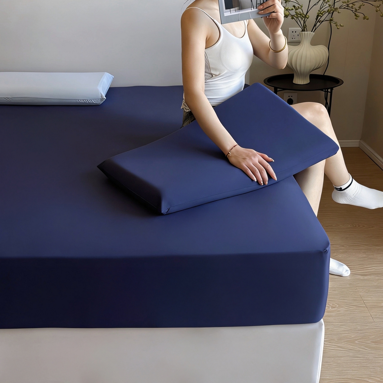 兜米家居 2026新款某姆同款锦氨A类凉感（180克）床笠三件套 深蓝