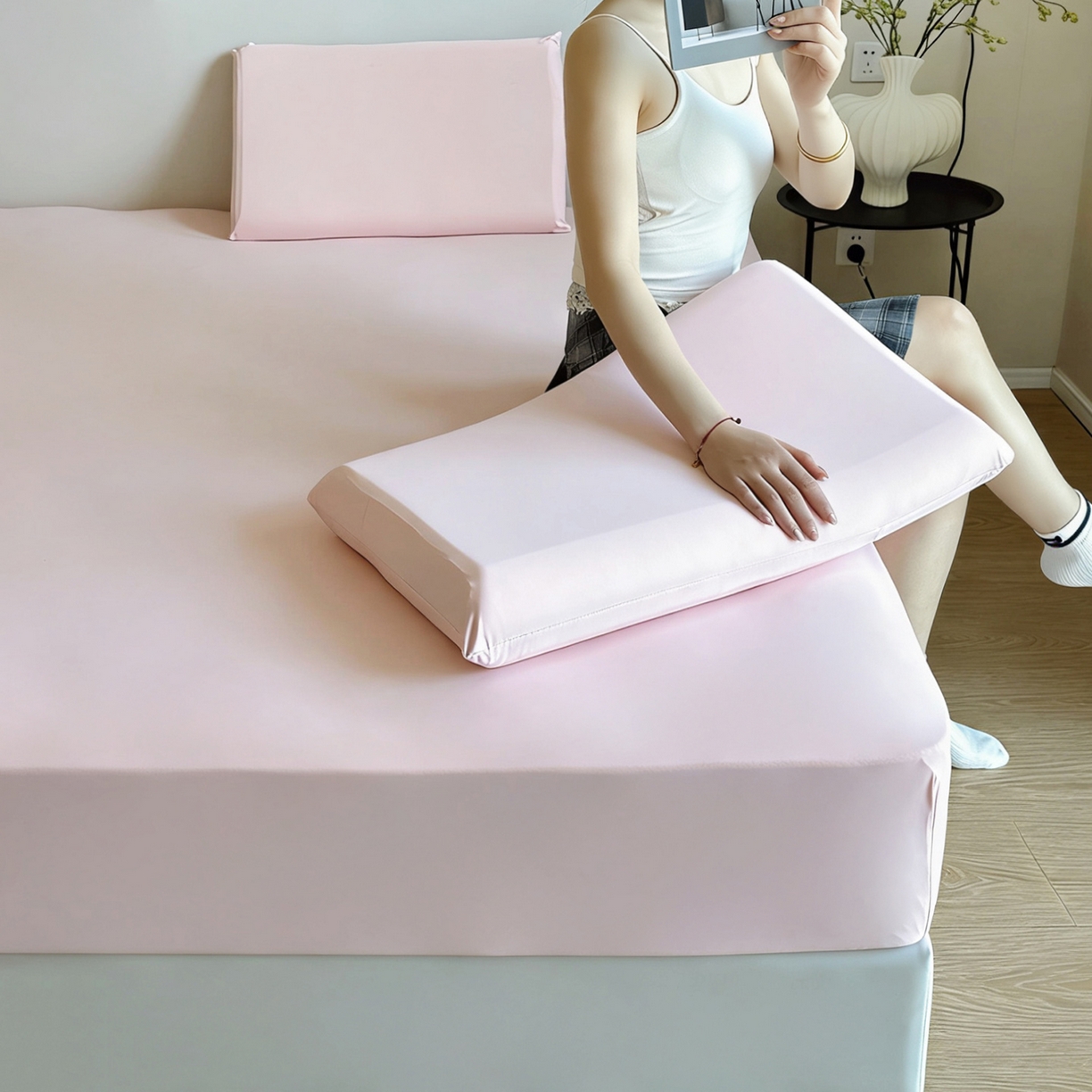 兜米家居 2026新款某姆同款锦氨A类凉感（180克）床笠三件套 胭脂粉