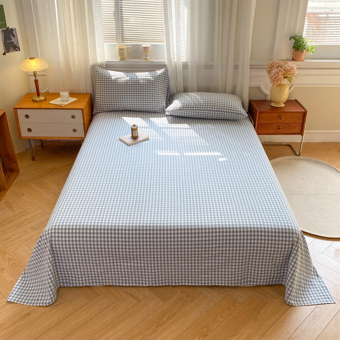 恋人优选 2026新款全棉纯棉色织床单单床单床单单件 浅蓝小格