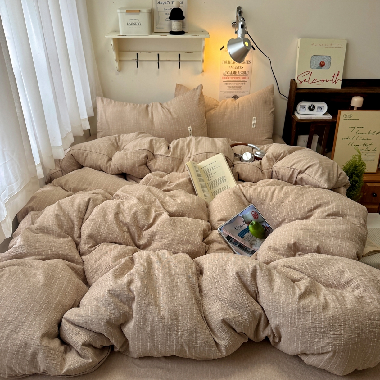 艾特你 2026新款亚麻风纯色无印四件套 咖色