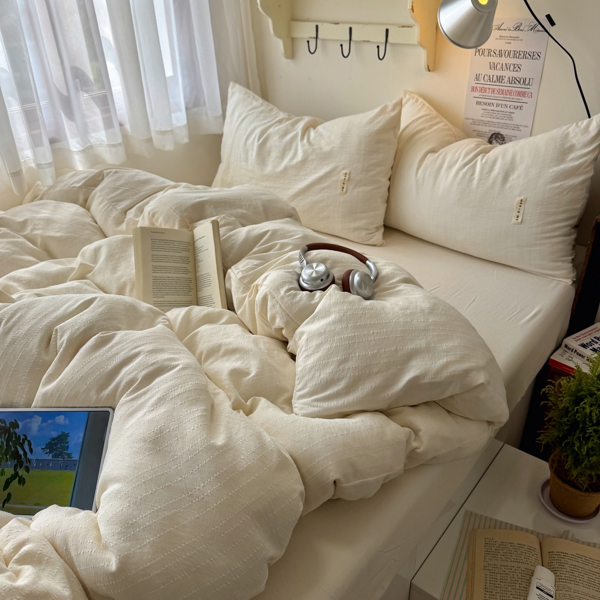 91家纺网 家纺一手货源 找家纺 艾特你 2026新款亚麻风纯色无印四件套 米白