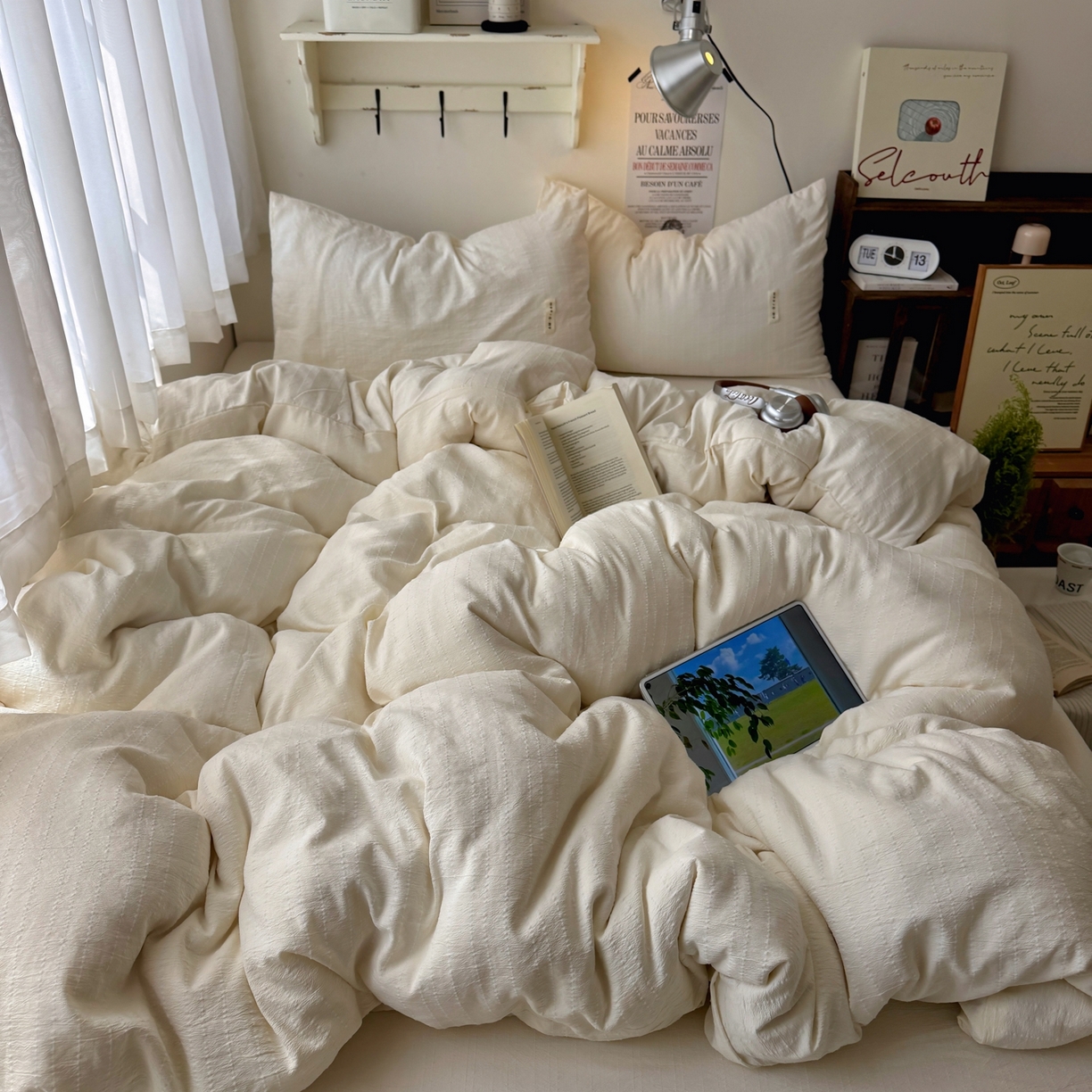 艾特你 2026新款亚麻风纯色无印四件套 米白