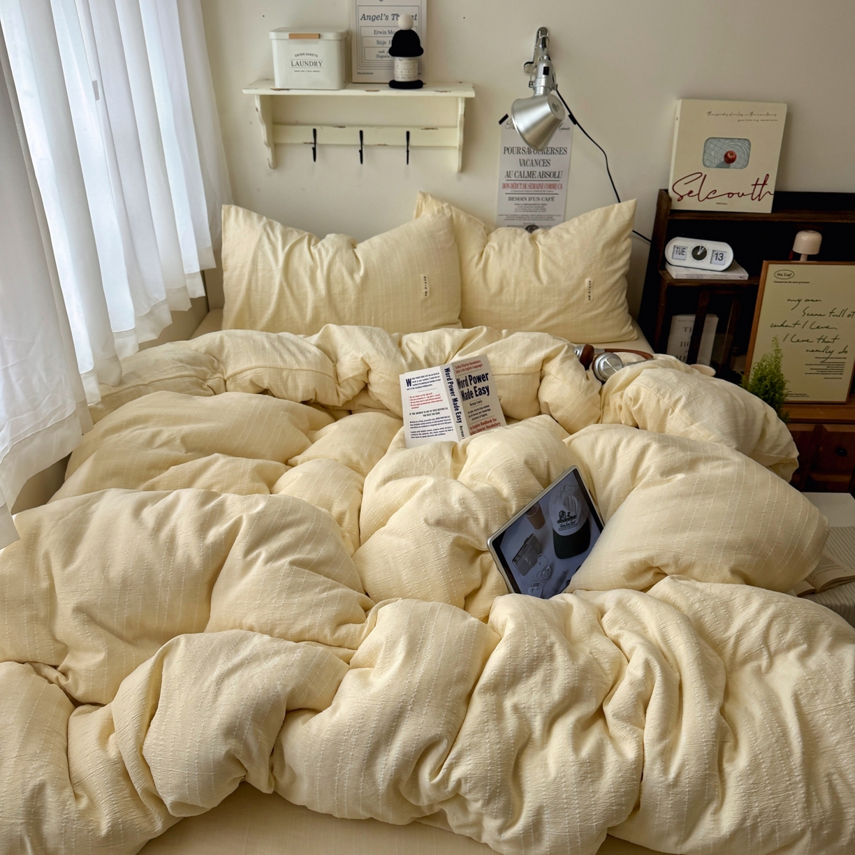 艾特你 2026新款亚麻风纯色无印四件套 米黄