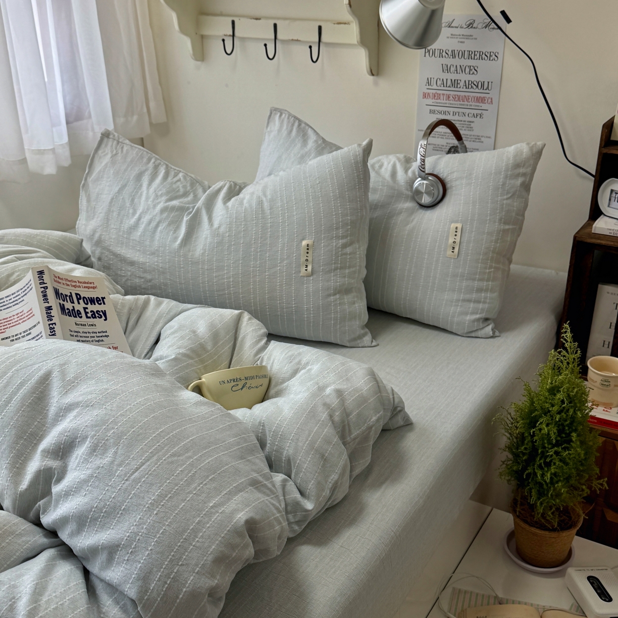 91家纺网 家纺一手货源 找家纺 艾特你 2026新款亚麻风纯色无印四件套 浅蓝灰