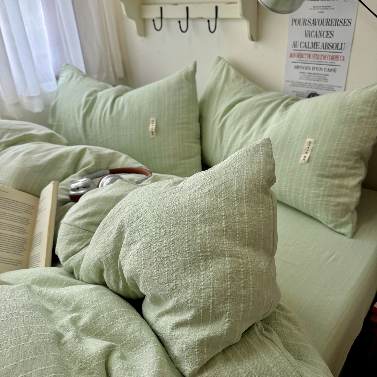 91家纺网 家纺一手货源 找家纺 艾特你 2026新款亚麻风纯色无印四件套 浅绿