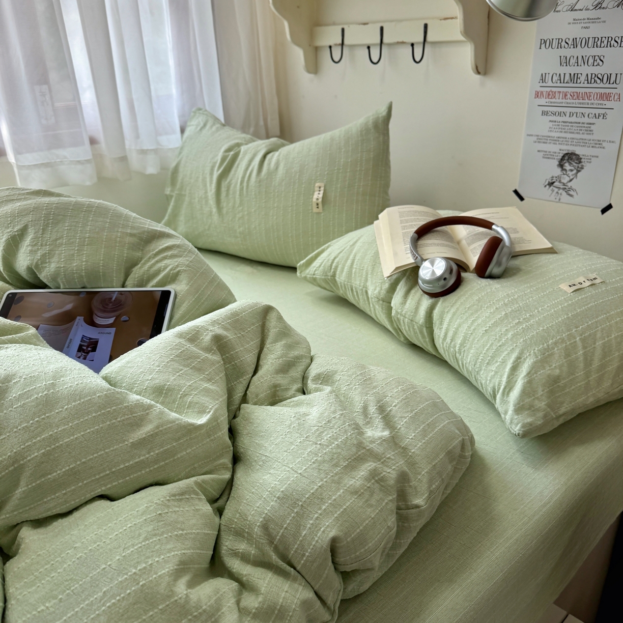 91家纺网 家纺一手货源 找家纺 艾特你 2026新款亚麻风纯色无印四件套 浅绿