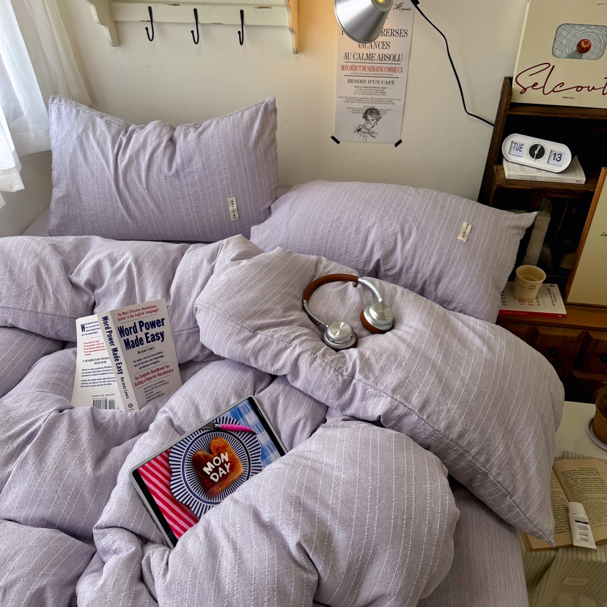 91家纺网 家纺一手货源 找家纺 艾特你 2026新款亚麻风纯色无印四件套 浅紫