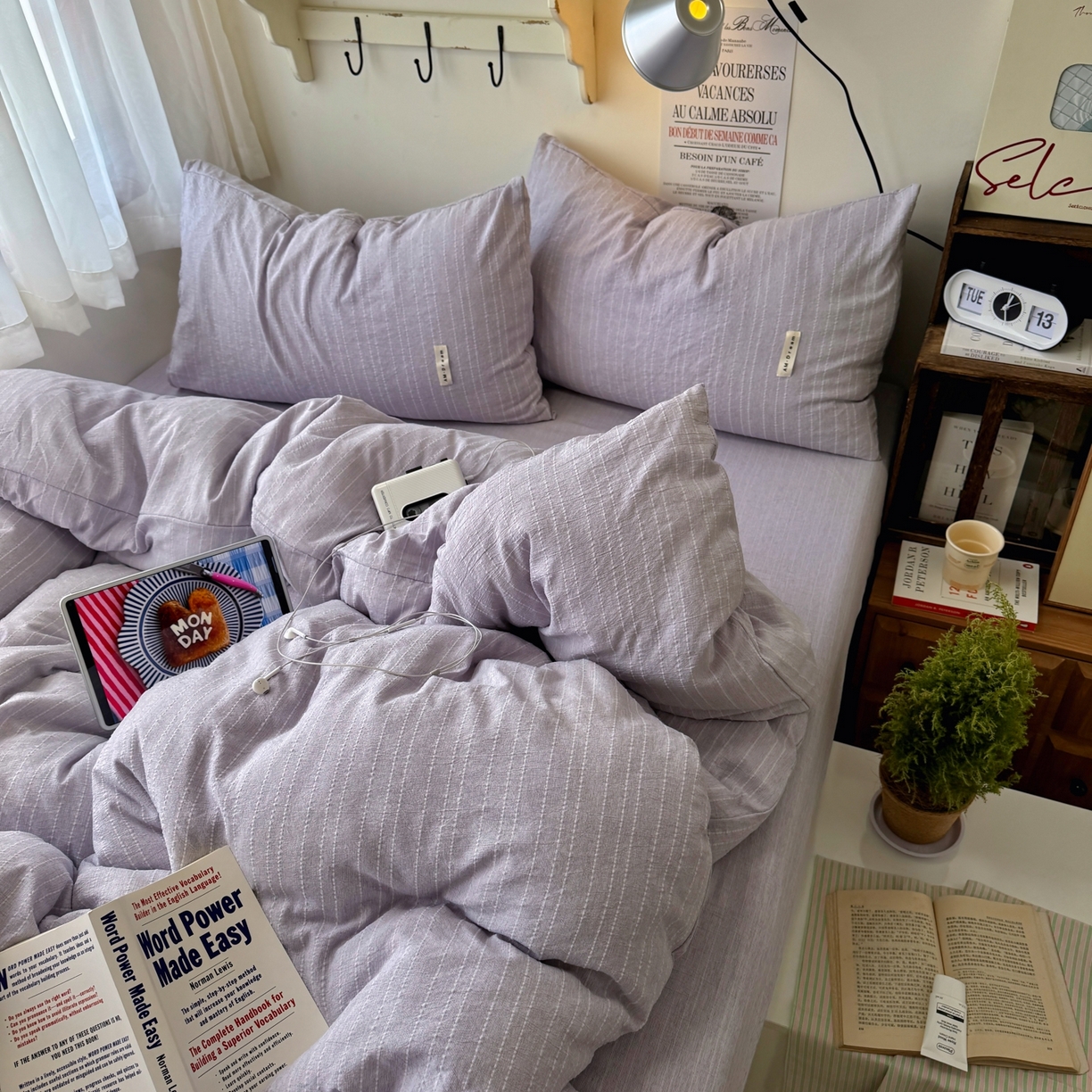 91家纺网 家纺一手货源 找家纺 艾特你 2026新款亚麻风纯色无印四件套 浅紫