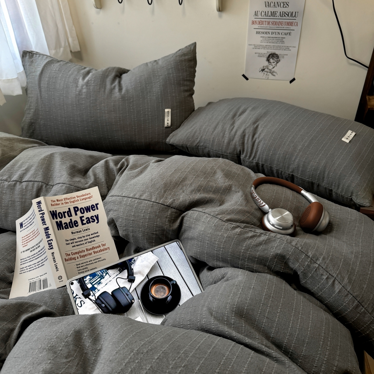 91家纺网 家纺一手货源 找家纺 艾特你 2026新款亚麻风纯色无印四件套 烟灰