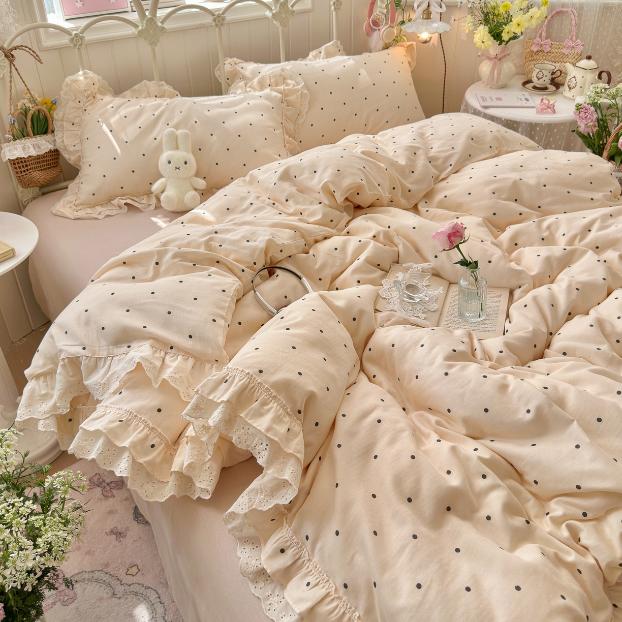 91家纺网 家纺一手货源 找家纺 （总）锦彩家居 2026新款A类全棉双层纱韩式花边款小清新三件套四件套INS小红书博主风-晚茶与夏系列（提供买家秀）