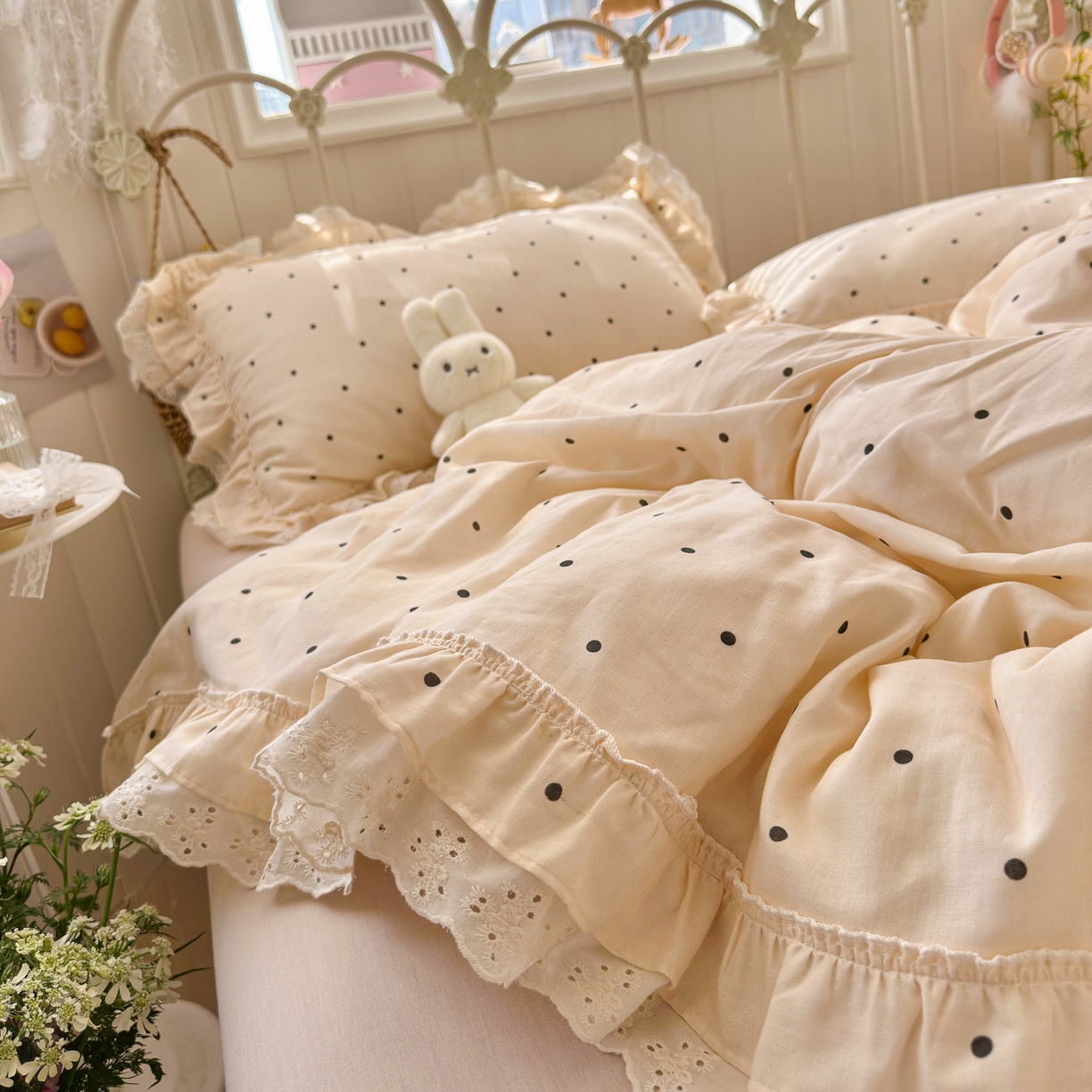 91家纺网 家纺一手货源 找家纺 （总）锦彩家居 2026新款A类全棉双层纱韩式花边款小清新三件套四件套INS小红书博主风-晚茶与夏系列（提供买家秀）