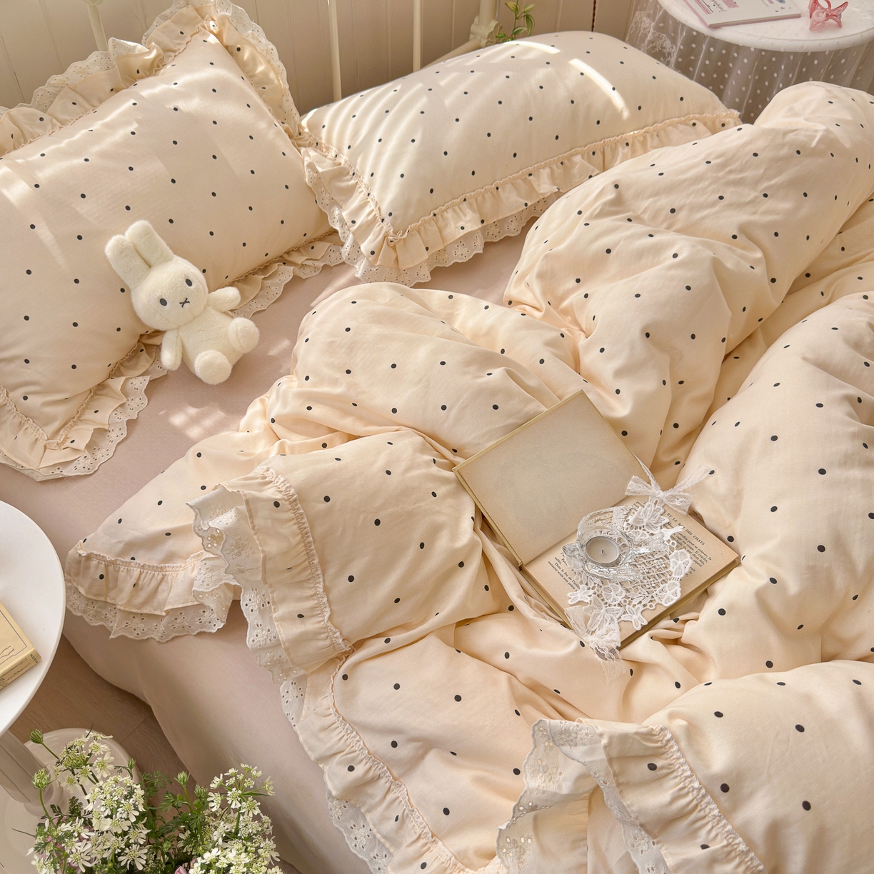 91家纺网 家纺一手货源 找家纺 （总）锦彩家居 2026新款A类全棉双层纱韩式花边款小清新三件套四件套INS小红书博主风-晚茶与夏系列（提供买家秀）