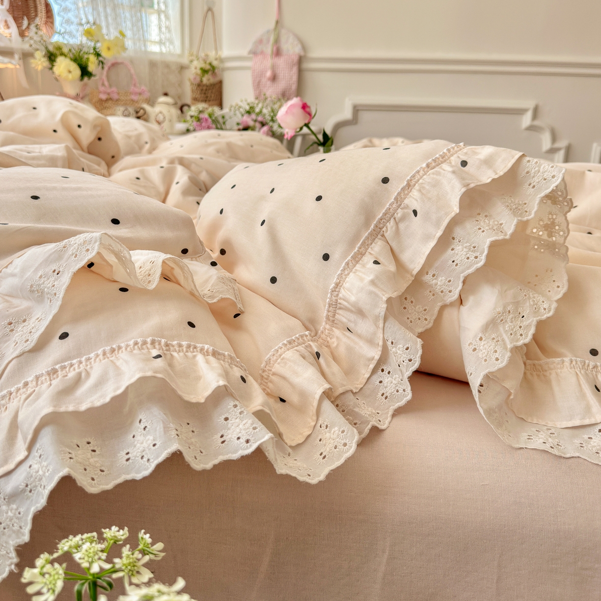 91家纺网 家纺一手货源 找家纺 （总）锦彩家居 2026新款A类全棉双层纱韩式花边款小清新三件套四件套INS小红书博主风-晚茶与夏系列（提供买家秀）