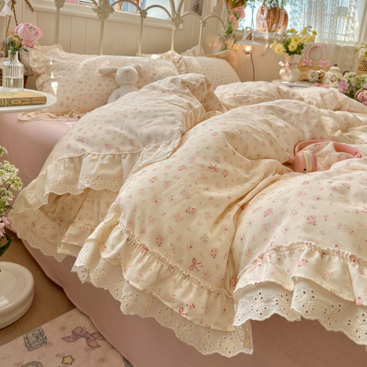 91家纺网 家纺一手货源 找家纺 锦彩家居 2026新款A类全棉双层纱韩式花边款小清新三件套四件套INS小红书博主风-晚茶与夏系列（提供买家秀） 夏日铃兰