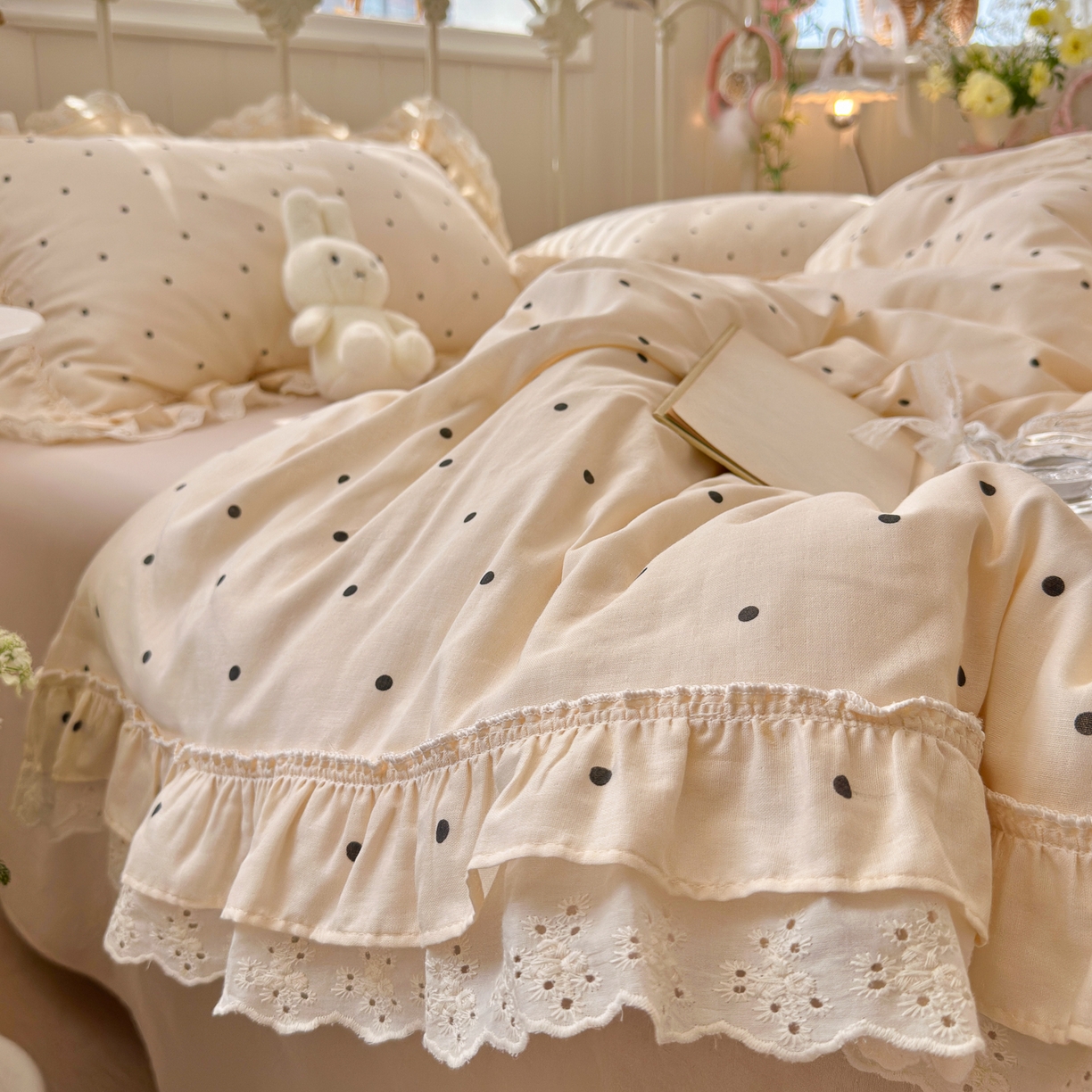 91家纺网 家纺一手货源 找家纺 锦彩家居 2026新款A类全棉双层纱韩式花边款小清新三件套四件套INS小红书博主风-晚茶与夏系列（提供买家秀） 奶霜啵啵