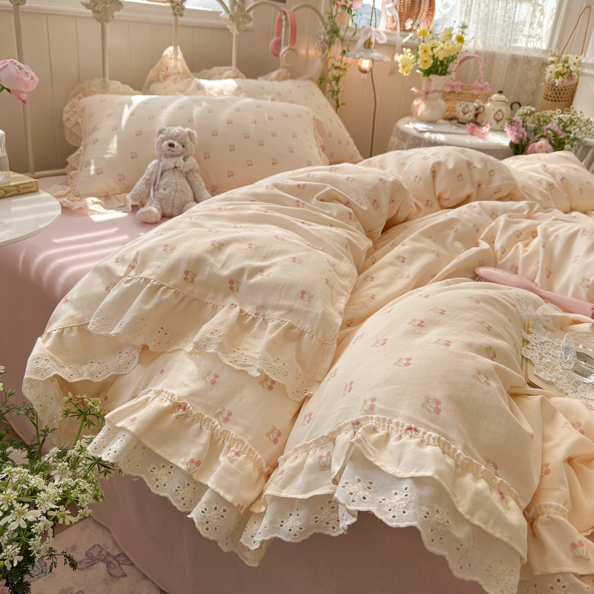 锦彩家居 2026新款A类全棉双层纱韩式花边款小清新三件套四件套INS小红书博主风-晚茶与夏系列（提供买家秀） 桃桃气泡