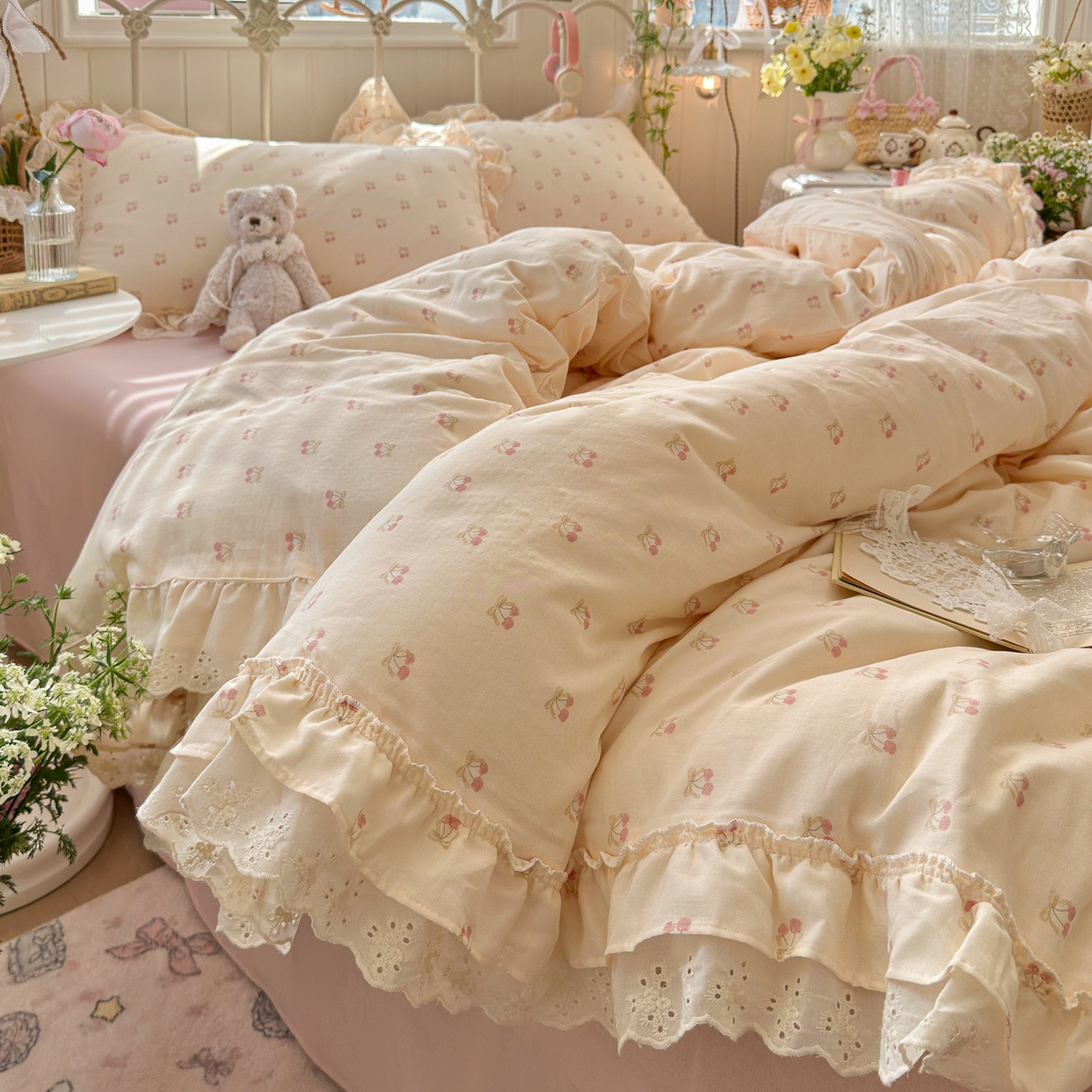 91家纺网 家纺一手货源 找家纺 锦彩家居 2026新款A类全棉双层纱韩式花边款小清新三件套四件套INS小红书博主风-晚茶与夏系列（提供买家秀） 桃桃气泡